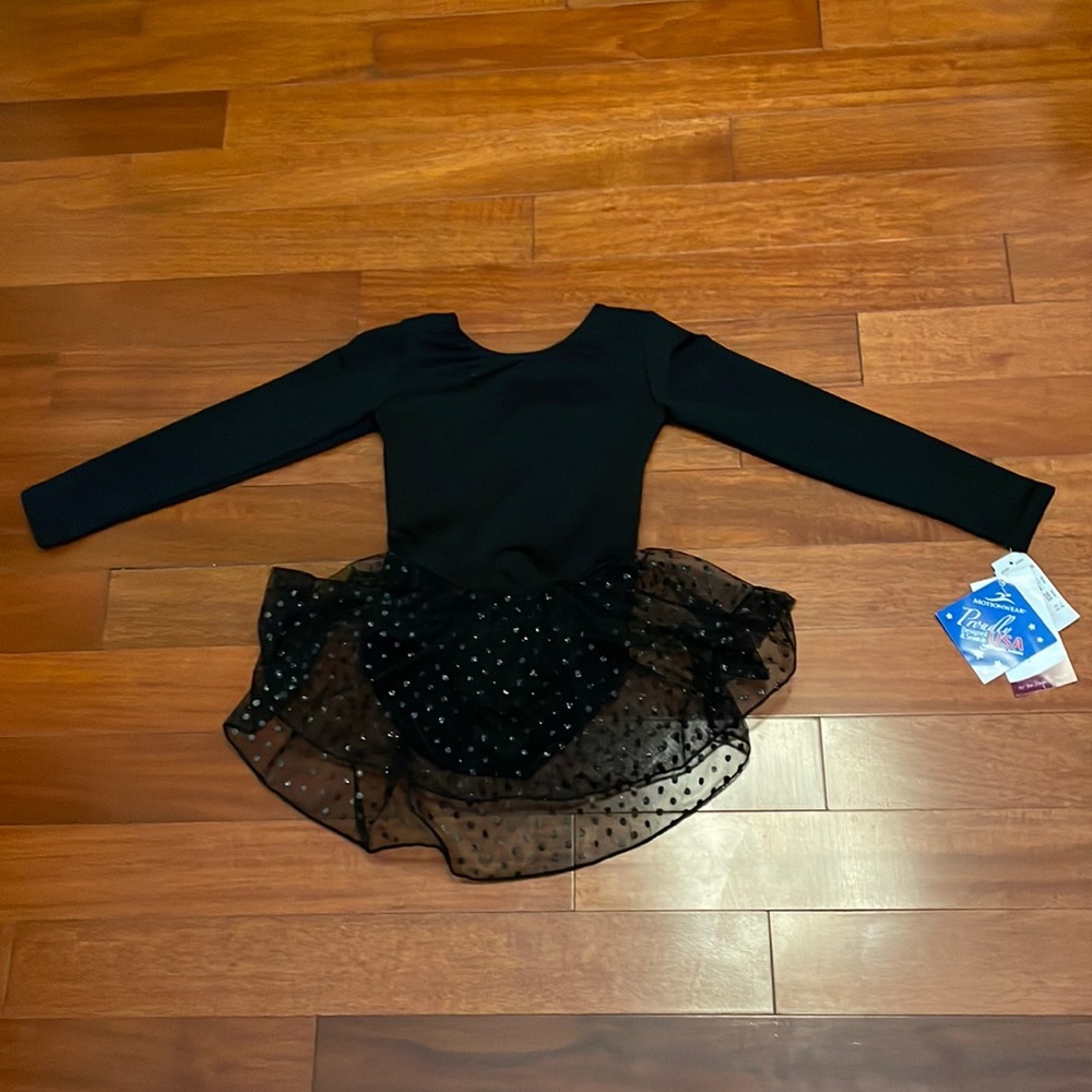 Black leotard with attached mesh skirt